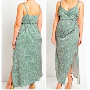 ELOQUII Women's 22 Satin Green Pink Floral Print Sleeveless Maxi Dress Side Slit